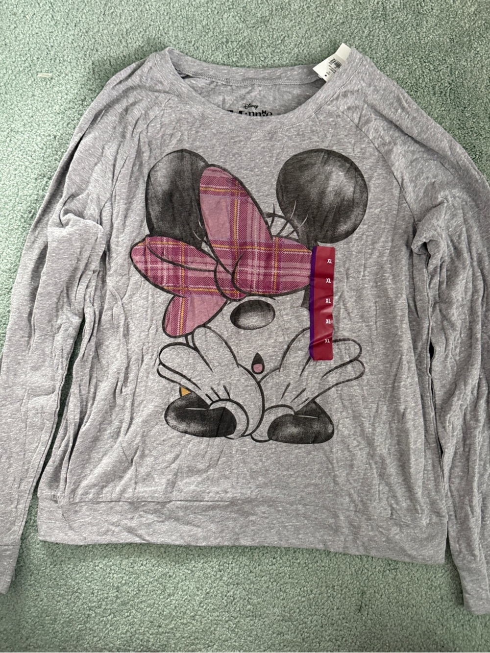 Disney Gray Long Sleeve Minnie Mouse Top with Pink Plaid Bow